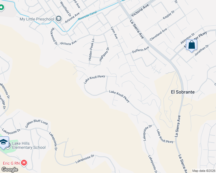 map of restaurants, bars, coffee shops, grocery stores, and more near 16604 Creekside Road in Riverside