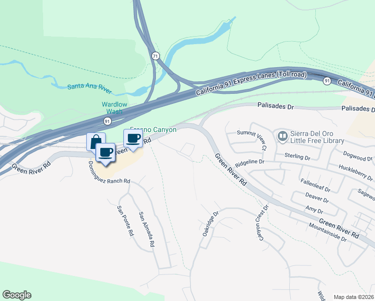 map of restaurants, bars, coffee shops, grocery stores, and more near 980 Nicholas Place in Corona
