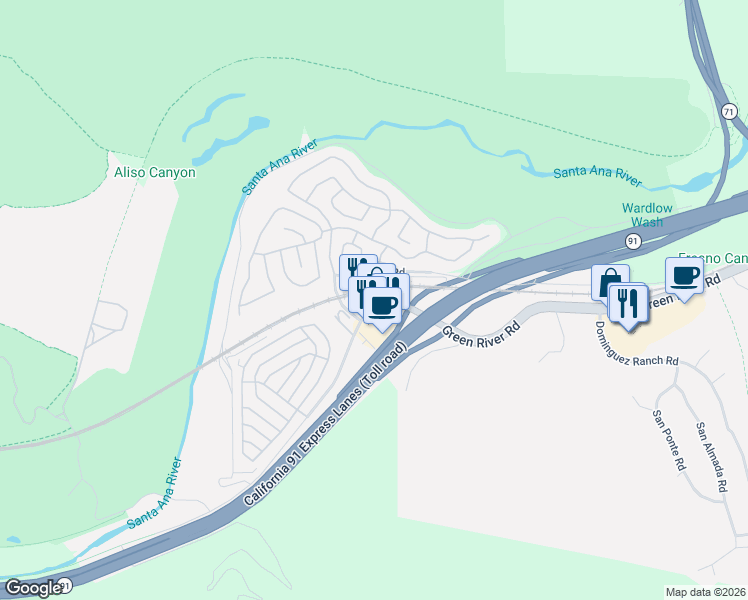 map of restaurants, bars, coffee shops, grocery stores, and more near 4616-4646 Green River Road in Corona