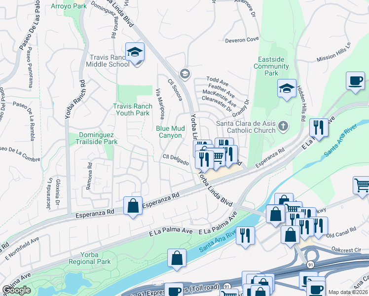 map of restaurants, bars, coffee shops, grocery stores, and more near 5688 Avenue Florencia in Yorba Linda