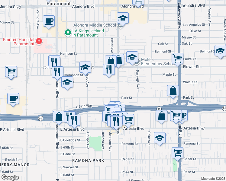 map of restaurants, bars, coffee shops, grocery stores, and more near 3474 Seacliff Circle in Long Beach