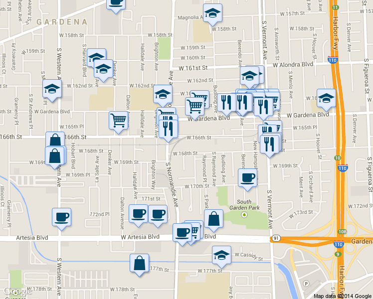 map of restaurants, bars, coffee shops, grocery stores, and more near 1303 West 168th Street in Gardena