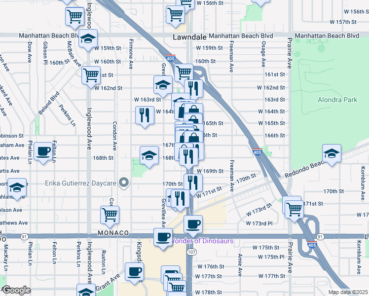 map of restaurants, bars, coffee shops, grocery stores, and more near 16715 Hawthorne Boulevard in Lawndale