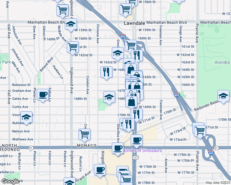 map of restaurants, bars, coffee shops, grocery stores, and more near 4446 167th Street in Lawndale