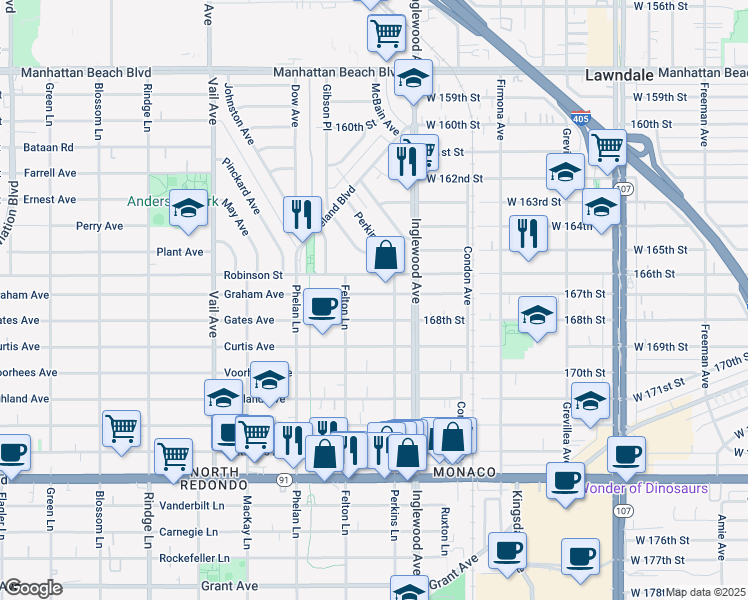 map of restaurants, bars, coffee shops, grocery stores, and more near 2610 Graham Avenue in Redondo Beach