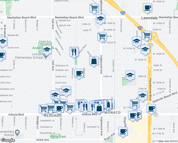 map of restaurants, bars, coffee shops, grocery stores, and more near 2610 Graham Avenue in Redondo Beach
