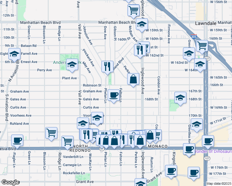 map of restaurants, bars, coffee shops, grocery stores, and more near 2516 Graham Avenue in Redondo Beach