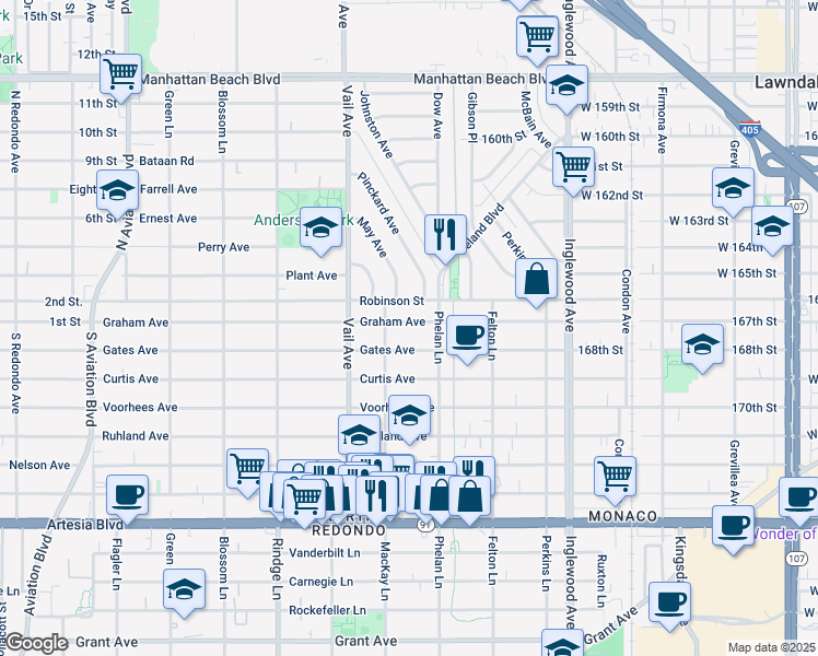 map of restaurants, bars, coffee shops, grocery stores, and more near 2406 Graham Avenue in Redondo Beach
