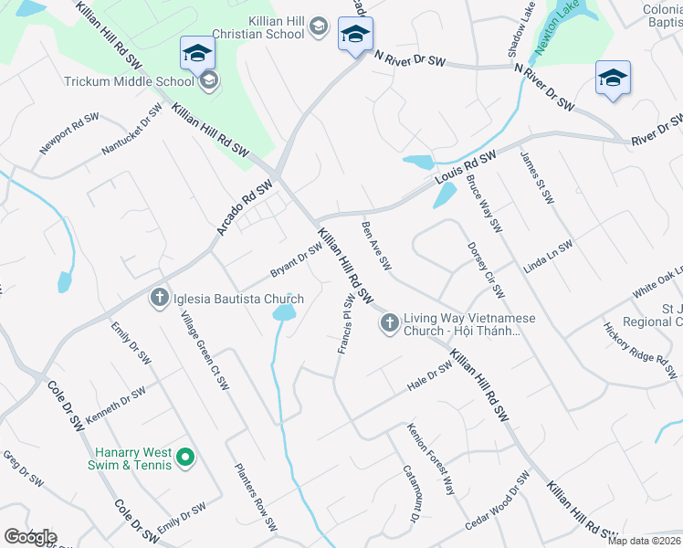 map of restaurants, bars, coffee shops, grocery stores, and more near 427 Killian Hill Road Southwest in Lilburn