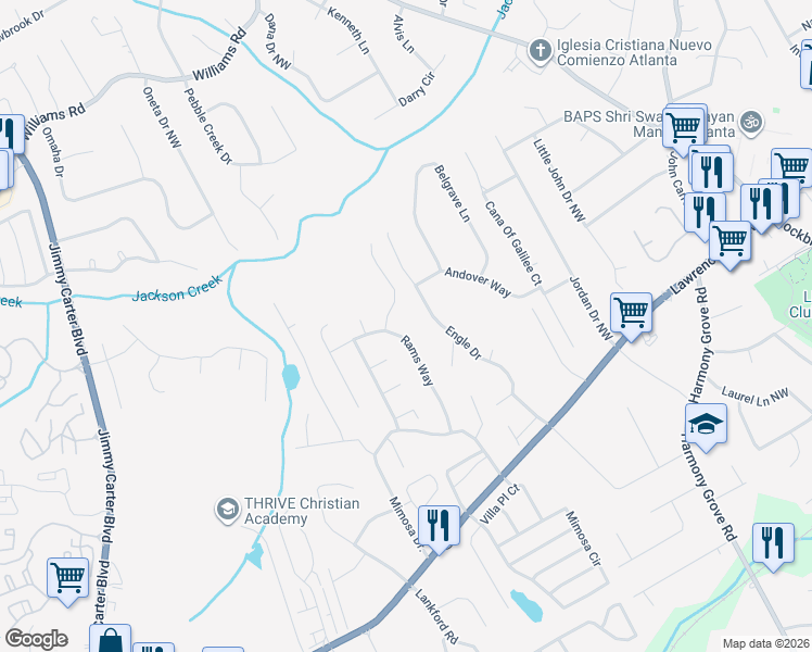 map of restaurants, bars, coffee shops, grocery stores, and more near 505 Rams Way in Tucker