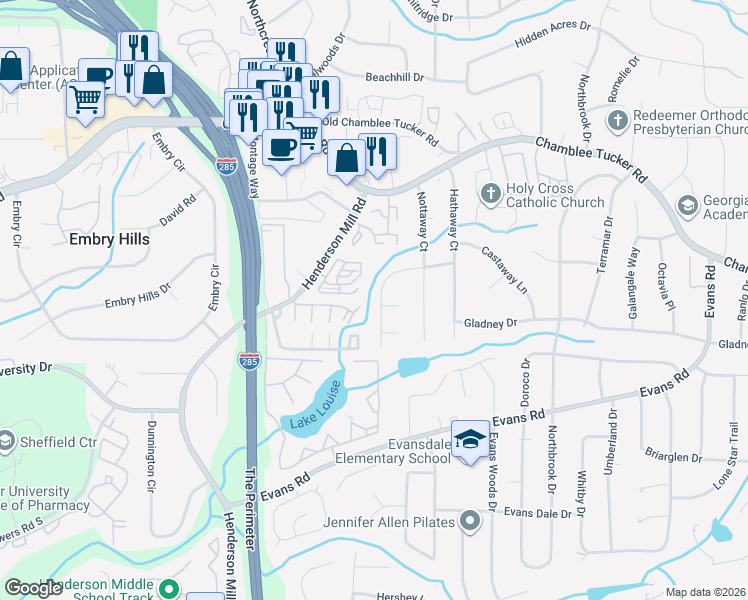 map of restaurants, bars, coffee shops, grocery stores, and more near 3088 Rockaway Road in Atlanta