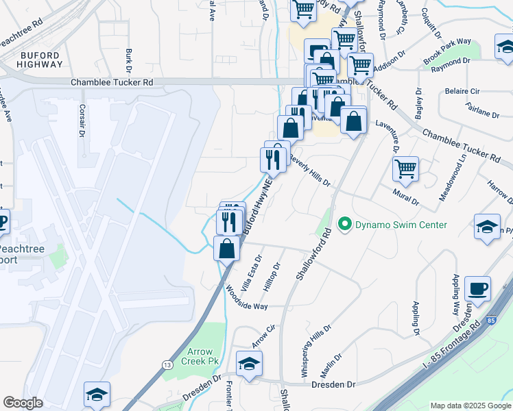 map of restaurants, bars, coffee shops, grocery stores, and more near 4705 Buford Highway Northeast in Chamblee