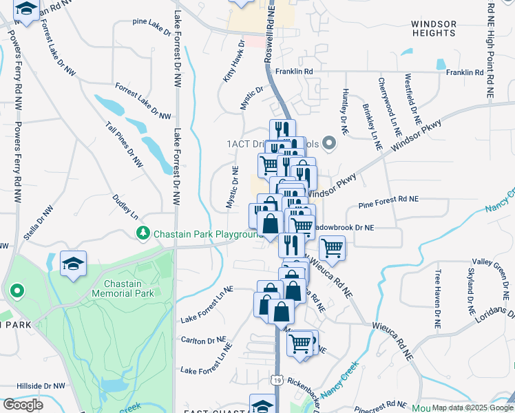 map of restaurants, bars, coffee shops, grocery stores, and more near 4538 Collins Avenue in Sandy Springs