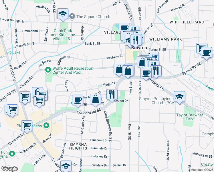 map of restaurants, bars, coffee shops, grocery stores, and more near 1184 Medlin Street in Atlanta