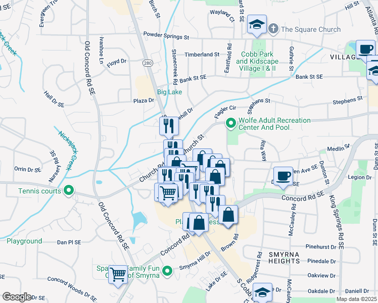 map of restaurants, bars, coffee shops, grocery stores, and more near Church Street in Smyrna