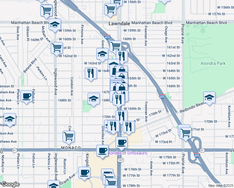 map of restaurants, bars, coffee shops, grocery stores, and more near 16705 Hawthorne Boulevard in Lawndale
