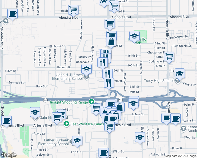 map of restaurants, bars, coffee shops, grocery stores, and more near 11714 Arkansas Street in Artesia