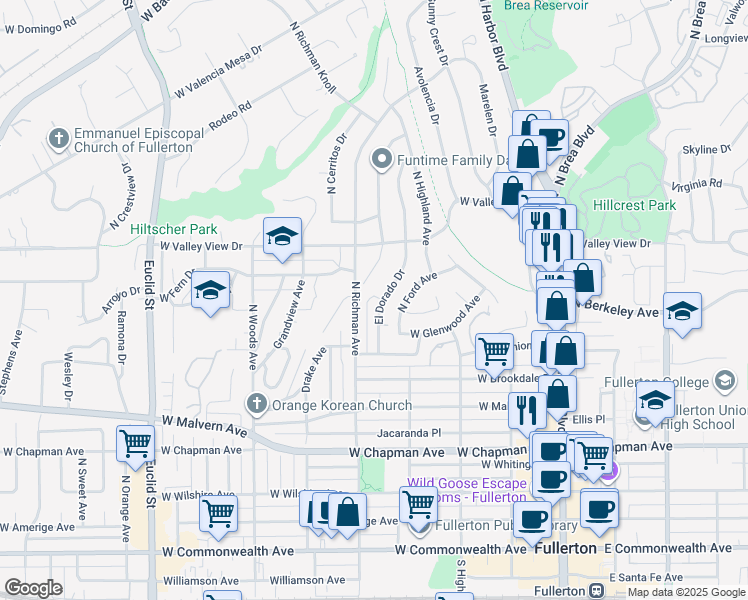map of restaurants, bars, coffee shops, grocery stores, and more near 839 El Dorado Drive in Fullerton