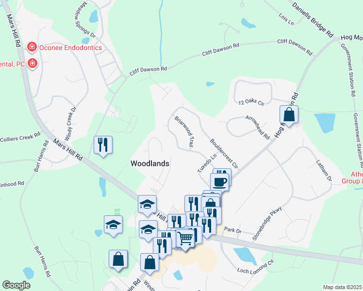 map of restaurants, bars, coffee shops, grocery stores, and more near 1171 Bouldercrest Circle in Watkinsville