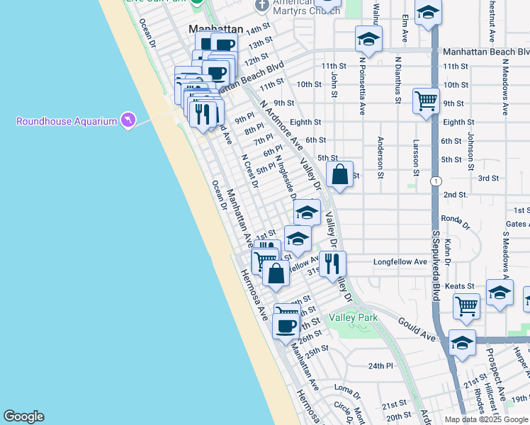 map of restaurants, bars, coffee shops, grocery stores, and more near 224 2nd Place in Manhattan Beach