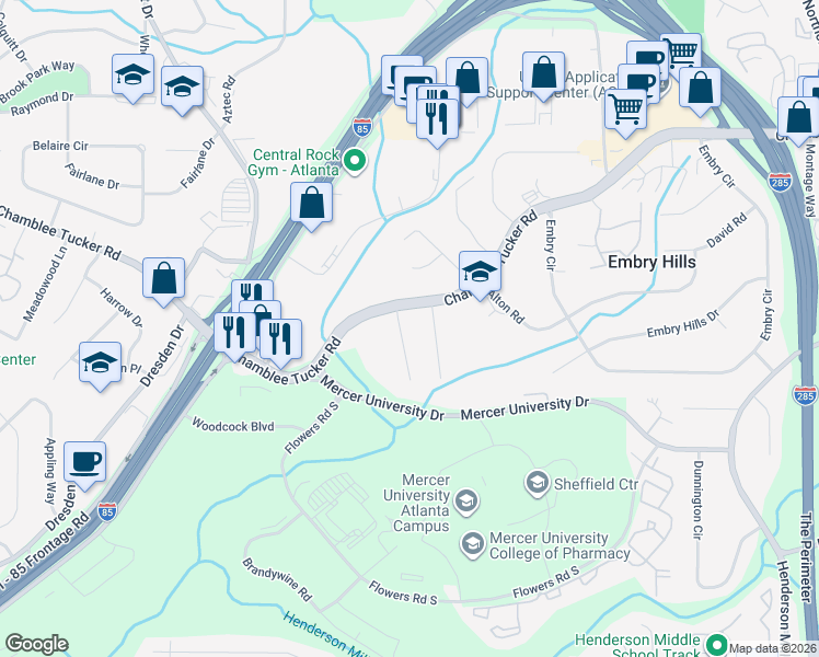map of restaurants, bars, coffee shops, grocery stores, and more near 3077 Stantondale Drive in Chamblee