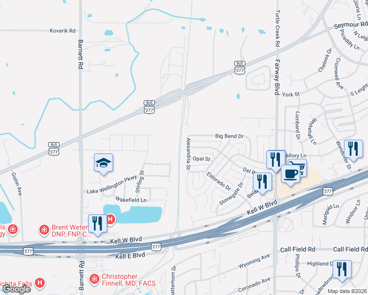 map of restaurants, bars, coffee shops, grocery stores, and more near 3700 Alexandria Street in Wichita Falls