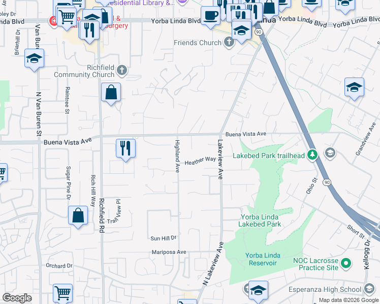 map of restaurants, bars, coffee shops, grocery stores, and more near 5571 Clover Hill Drive in Yorba Linda