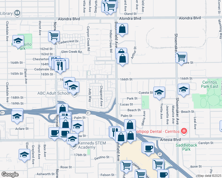 map of restaurants, bars, coffee shops, grocery stores, and more near 12533 Cuesta Drive in Cerritos