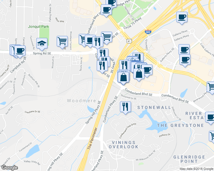 map of restaurants, bars, coffee shops, grocery stores, and more near 3110 Spring Hill Parkway Southeast in Smyrna