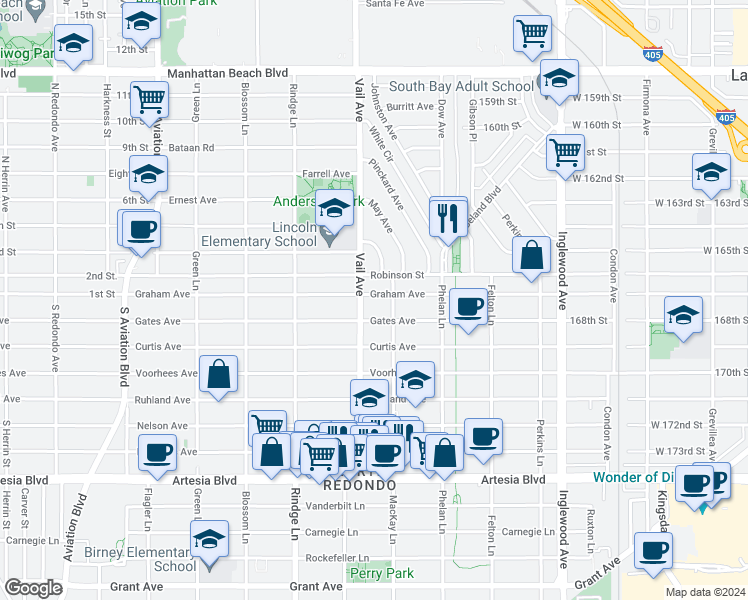 map of restaurants, bars, coffee shops, grocery stores, and more near 2306 Graham Avenue in Redondo Beach