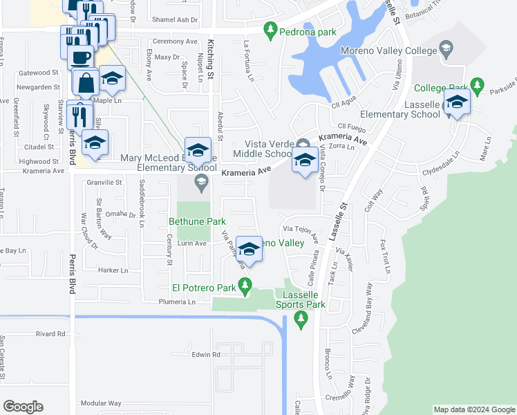 map of restaurants, bars, coffee shops, grocery stores, and more near 16626 Via Alegria in Moreno Valley