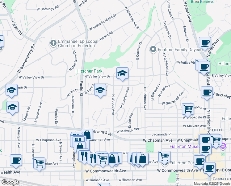 map of restaurants, bars, coffee shops, grocery stores, and more near 838 North Woods Avenue in Fullerton