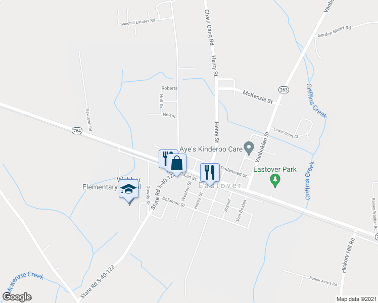 map of restaurants, bars, coffee shops, grocery stores, and more near 101 Dodamead Street in Eastover