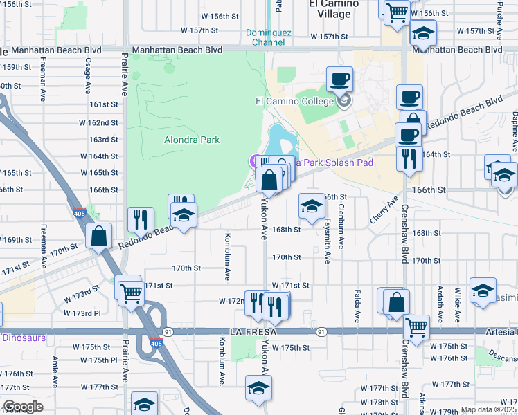 map of restaurants, bars, coffee shops, grocery stores, and more near 16635 Yukon Avenue in Torrance