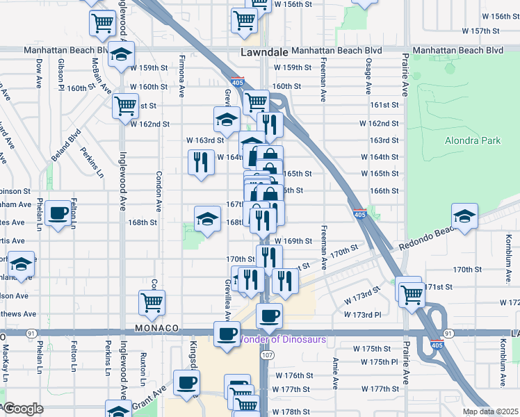 map of restaurants, bars, coffee shops, grocery stores, and more near 16705 Hawthorne Boulevard in Lawndale
