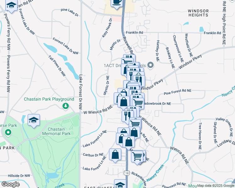 map of restaurants, bars, coffee shops, grocery stores, and more near 4538 Collins Avenue in Sandy Springs
