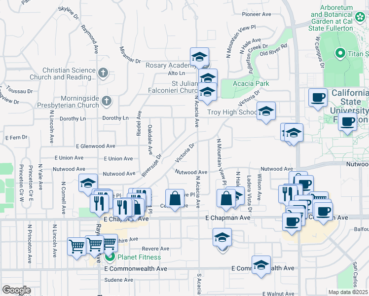 map of restaurants, bars, coffee shops, grocery stores, and more near 1625 Victoria Drive in Fullerton