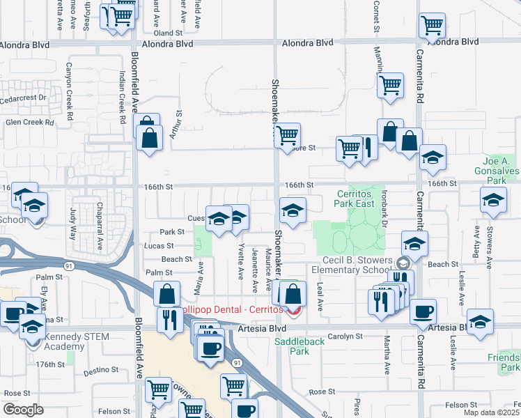 map of restaurants, bars, coffee shops, grocery stores, and more near 12931 Cuesta Lane in Cerritos