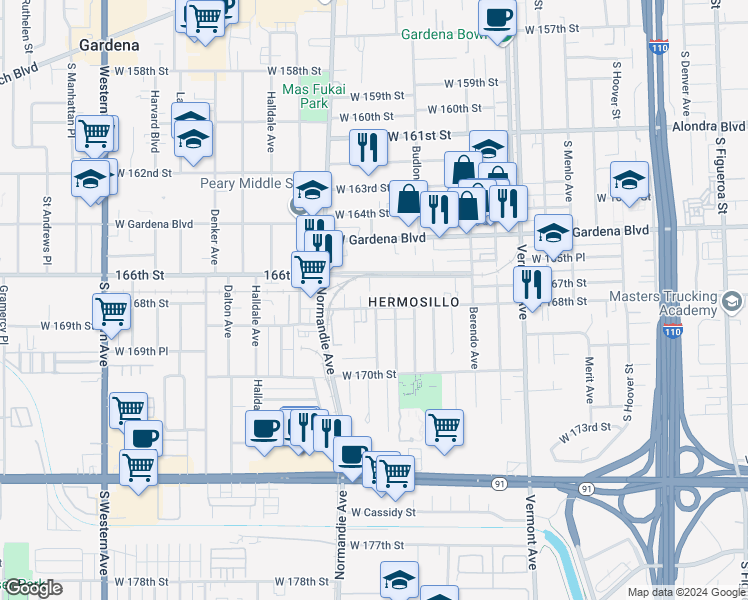 map of restaurants, bars, coffee shops, grocery stores, and more near 1303 West 168th Street in Gardena