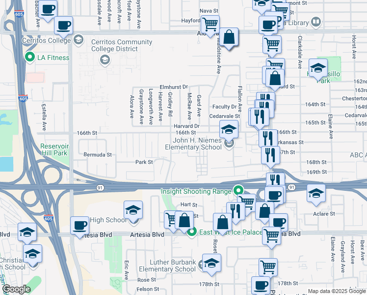 map of restaurants, bars, coffee shops, grocery stores, and more near 11430 Wimbley Court in Cerritos