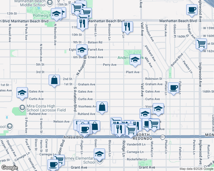 map of restaurants, bars, coffee shops, grocery stores, and more near 2020 Graham Avenue in Redondo Beach
