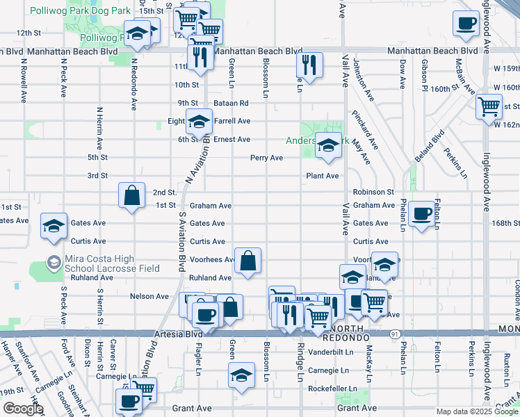 map of restaurants, bars, coffee shops, grocery stores, and more near 2020 Graham Avenue in Redondo Beach