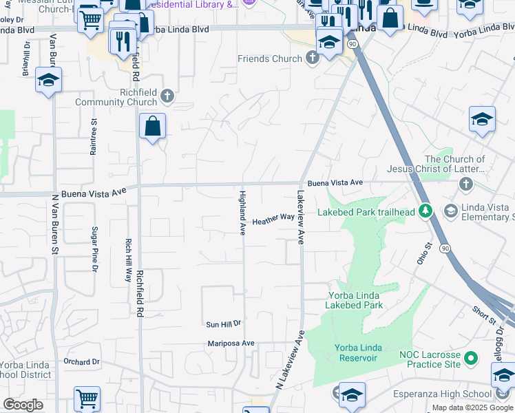 map of restaurants, bars, coffee shops, grocery stores, and more near 5571 Clover Hill Drive in Yorba Linda