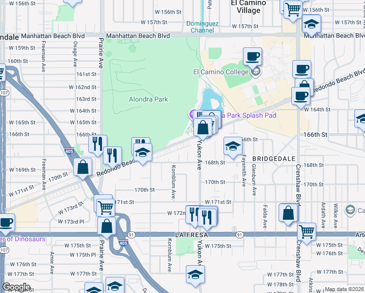 map of restaurants, bars, coffee shops, grocery stores, and more near 3676 Redondo Beach Boulevard in Torrance