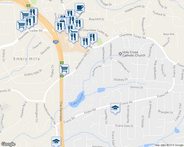 map of restaurants, bars, coffee shops, grocery stores, and more near 3088 Rockaway Rd in Atlanta