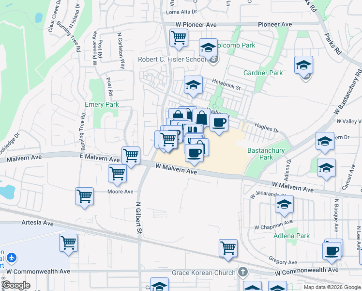 map of restaurants, bars, coffee shops, grocery stores, and more near 1993 West Malvern Avenue in Fullerton