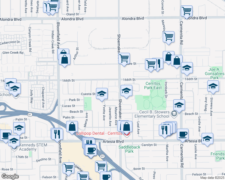 map of restaurants, bars, coffee shops, grocery stores, and more near 12931 Cuesta Lane in Cerritos
