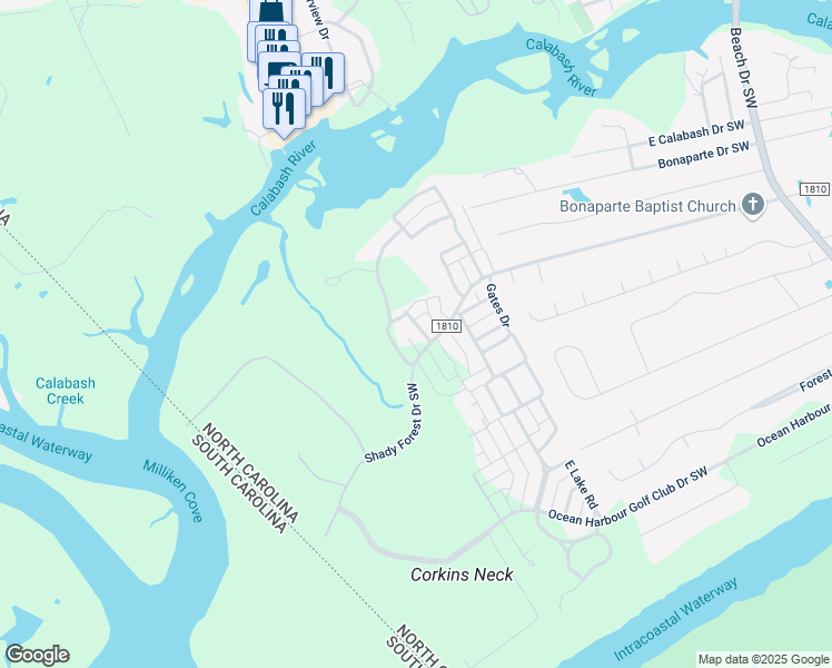 map of restaurants, bars, coffee shops, grocery stores, and more near 9261 Rivendell Place in Calabash