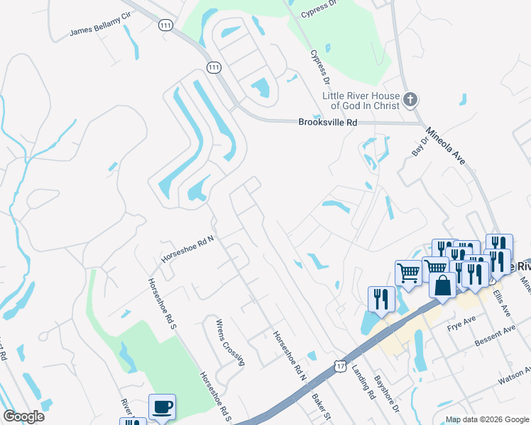 map of restaurants, bars, coffee shops, grocery stores, and more near 4140 Hibiscus Drive in Little River