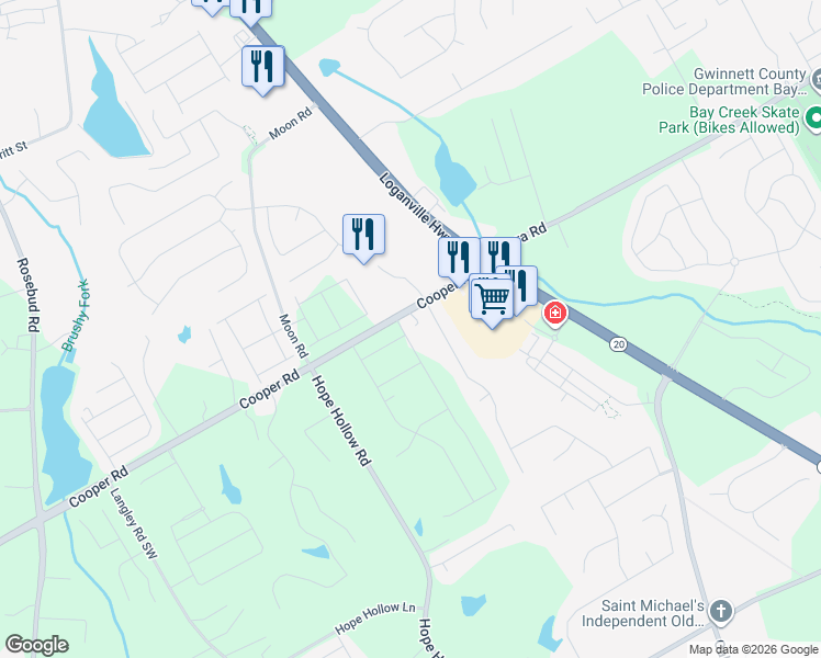map of restaurants, bars, coffee shops, grocery stores, and more near 324 Cooper Road in Loganville